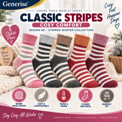 Thick Woolly Thermal Socks – 5 Pairs | UK Size 4–7 | 5 Designs