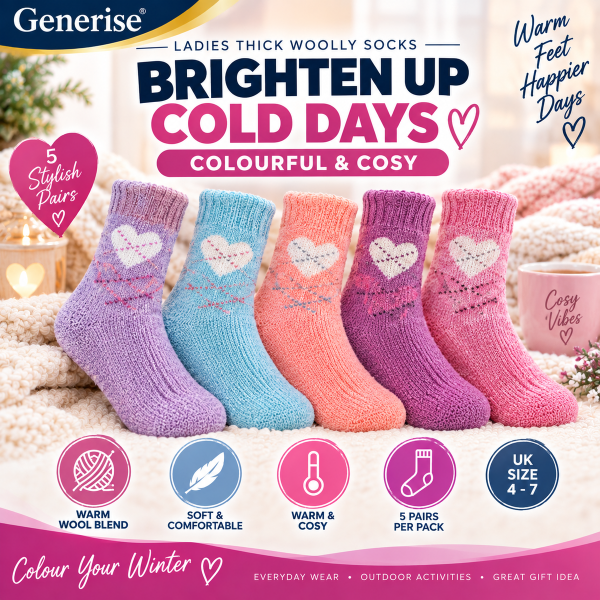 Thick Woolly Thermal Socks – 5 Pairs | UK Size 4–7 | 5 Designs