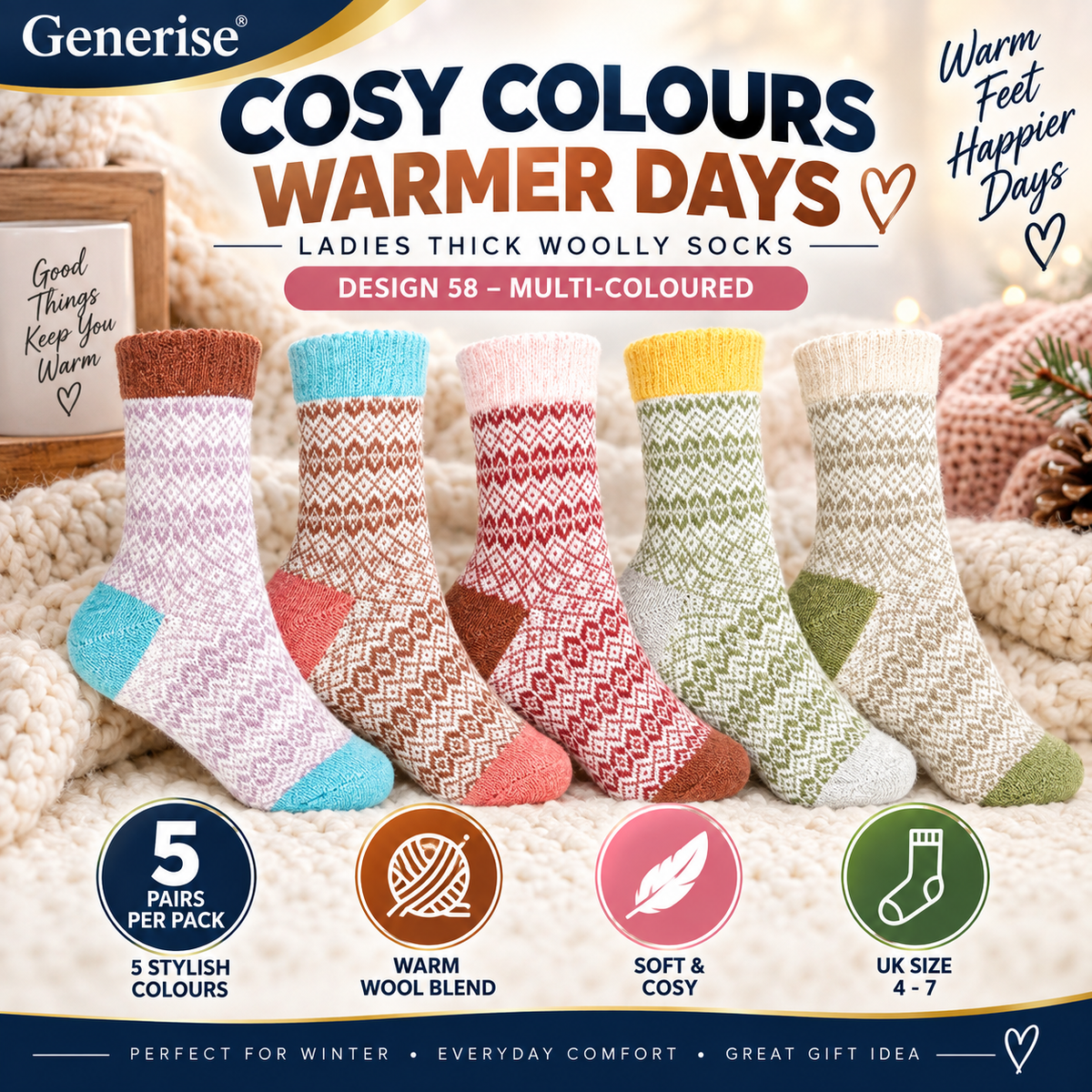 Thick Woolly Thermal Socks – 5 Pairs | UK Size 4–7 | 5 Designs
