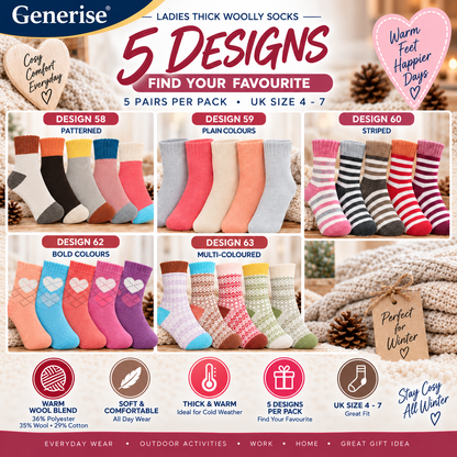 Thick Woolly Thermal Socks – 5 Pairs | UK Size 4–7 | 5 Designs