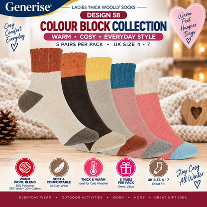 Thick Woolly Thermal Socks – 5 Pairs | UK Size 4–7 | 5 Designs