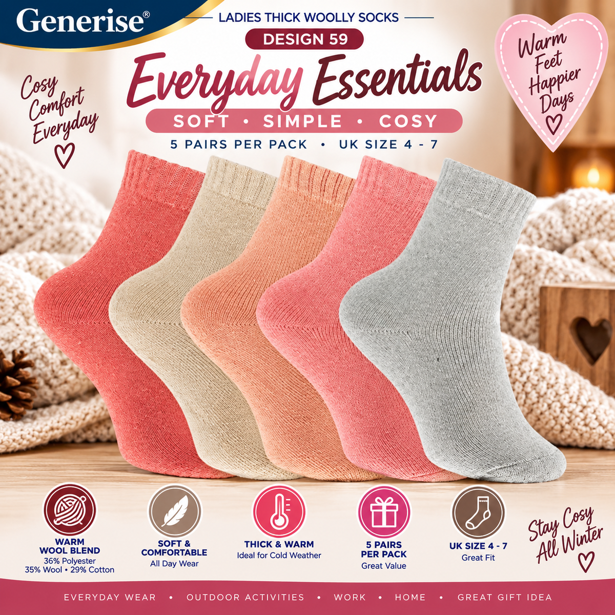 Thick Woolly Thermal Socks – 5 Pairs | UK Size 4–7 | 5 Designs