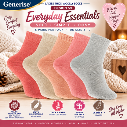 Thick Woolly Thermal Socks – 5 Pairs | UK Size 4–7 | 5 Designs