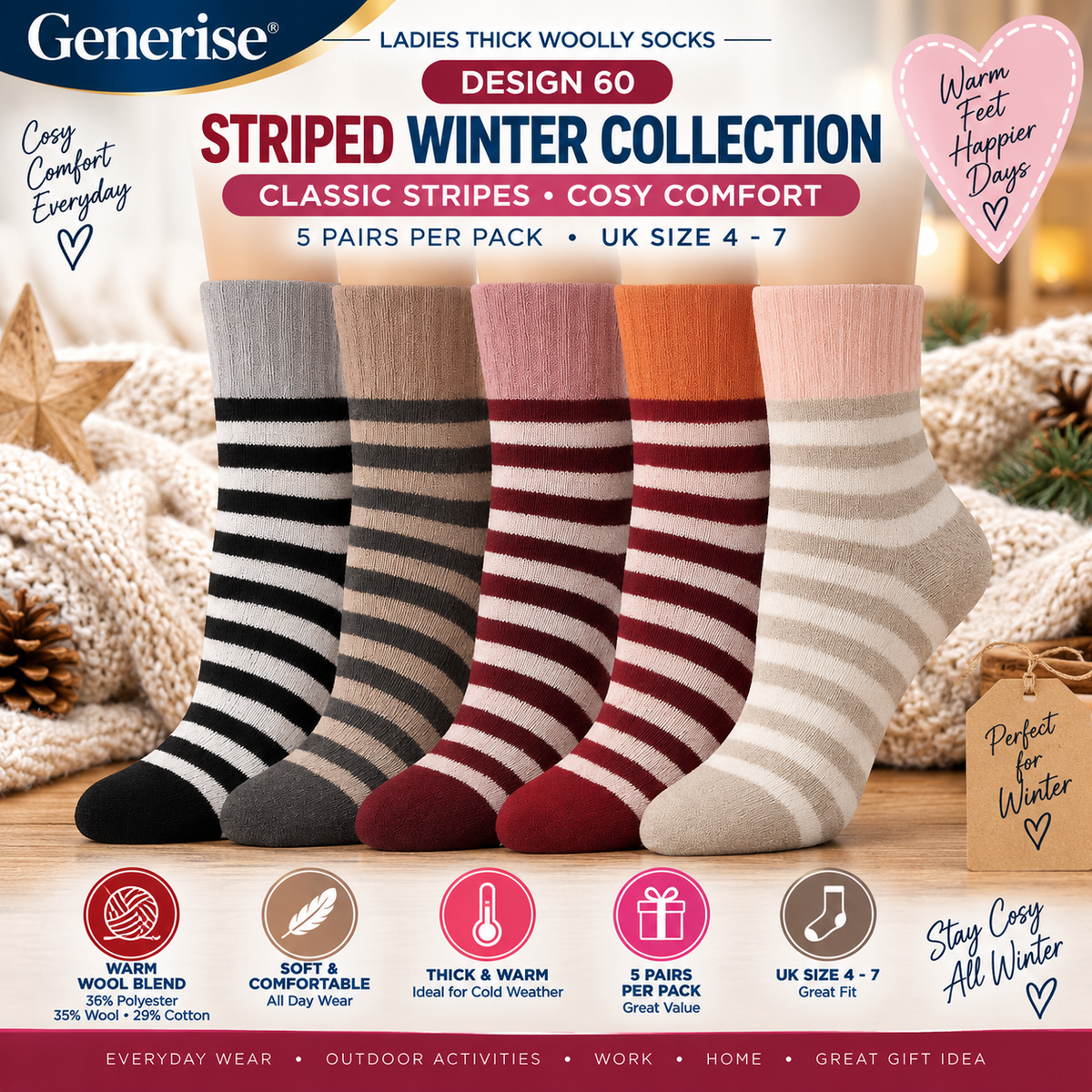 Thick Woolly Thermal Socks – 5 Pairs | UK Size 4–7 | 5 Designs