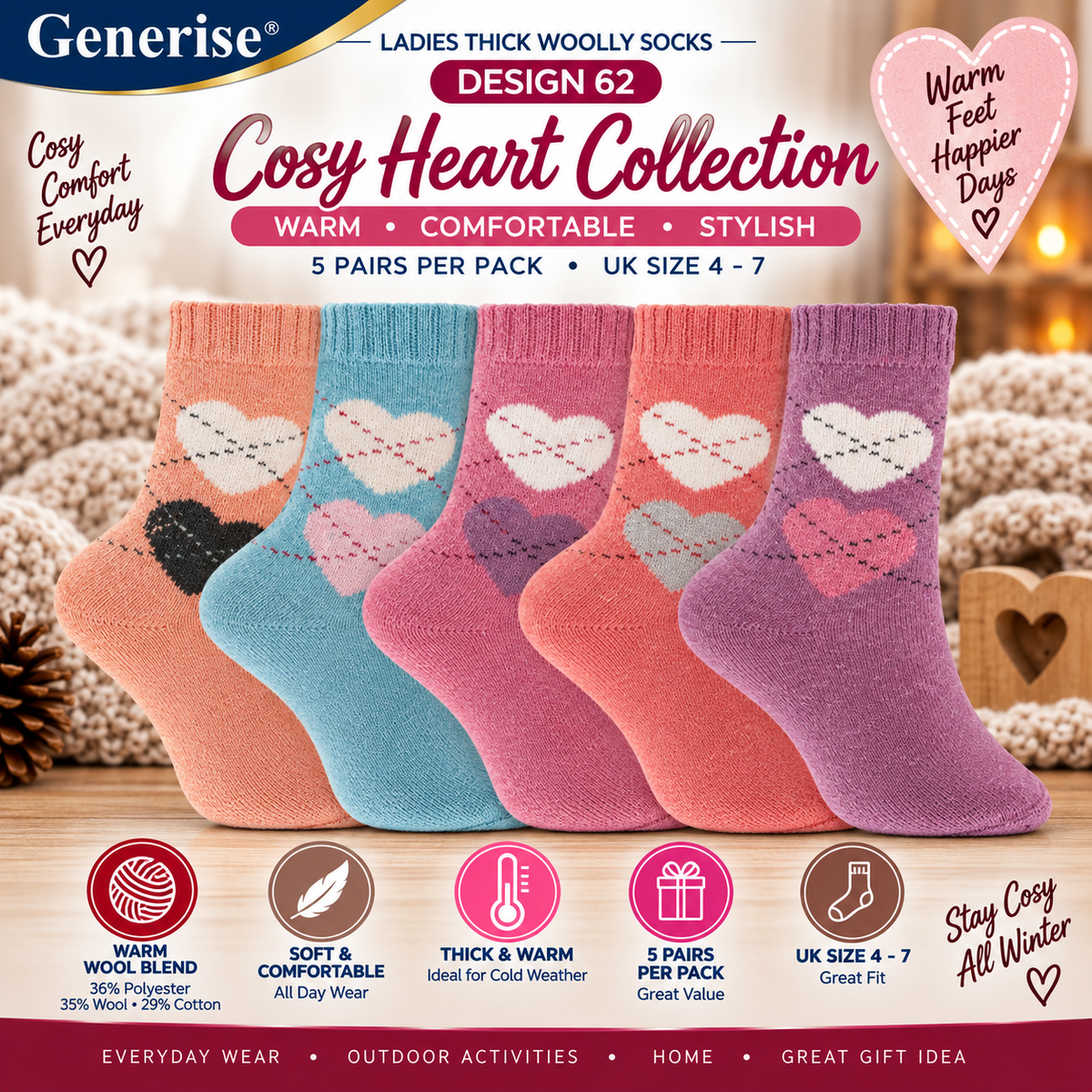 Thick Woolly Thermal Socks – 5 Pairs | UK Size 4–7 | 5 Designs
