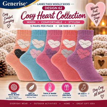 Thick Woolly Thermal Socks – 5 Pairs | UK Size 4–7 | 5 Designs