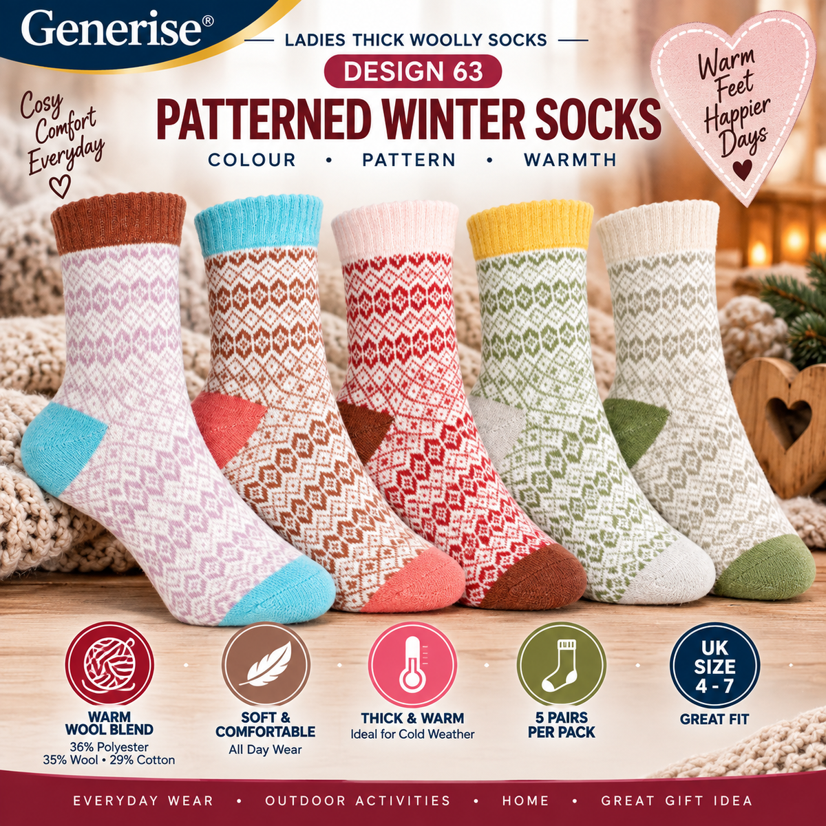 Thick Woolly Thermal Socks – 5 Pairs | UK Size 4–7 | 5 Designs