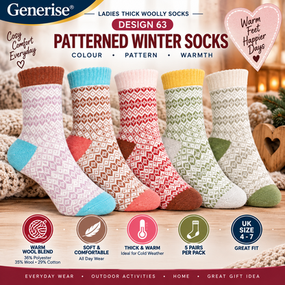 Thick Woolly Thermal Socks – 5 Pairs | UK Size 4–7 | 5 Designs