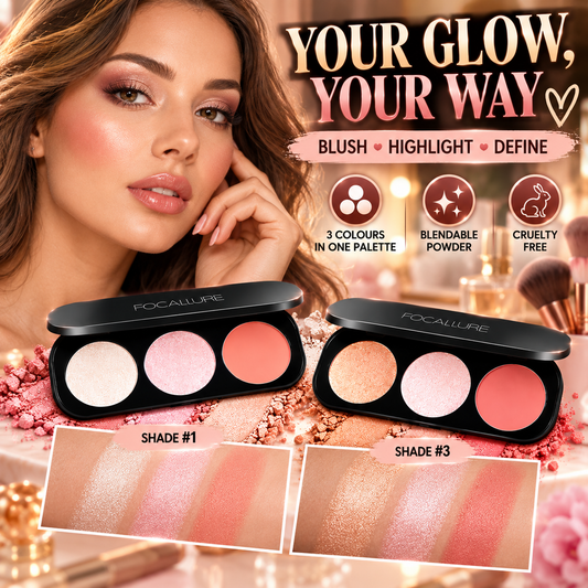Focallure Triple Colour Blush & Highlighter Makeup Palette – 3 Pan Face Palette – Shades 1 & 3