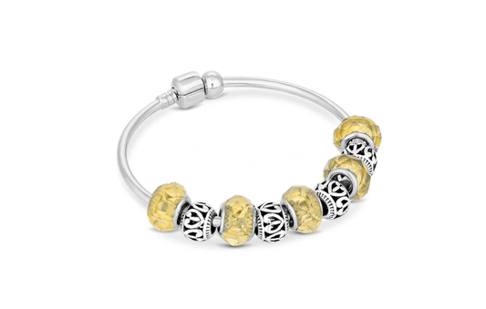 Diamond Style London - Charm Bracelet on Solid Bangle - Silver & Light Amber