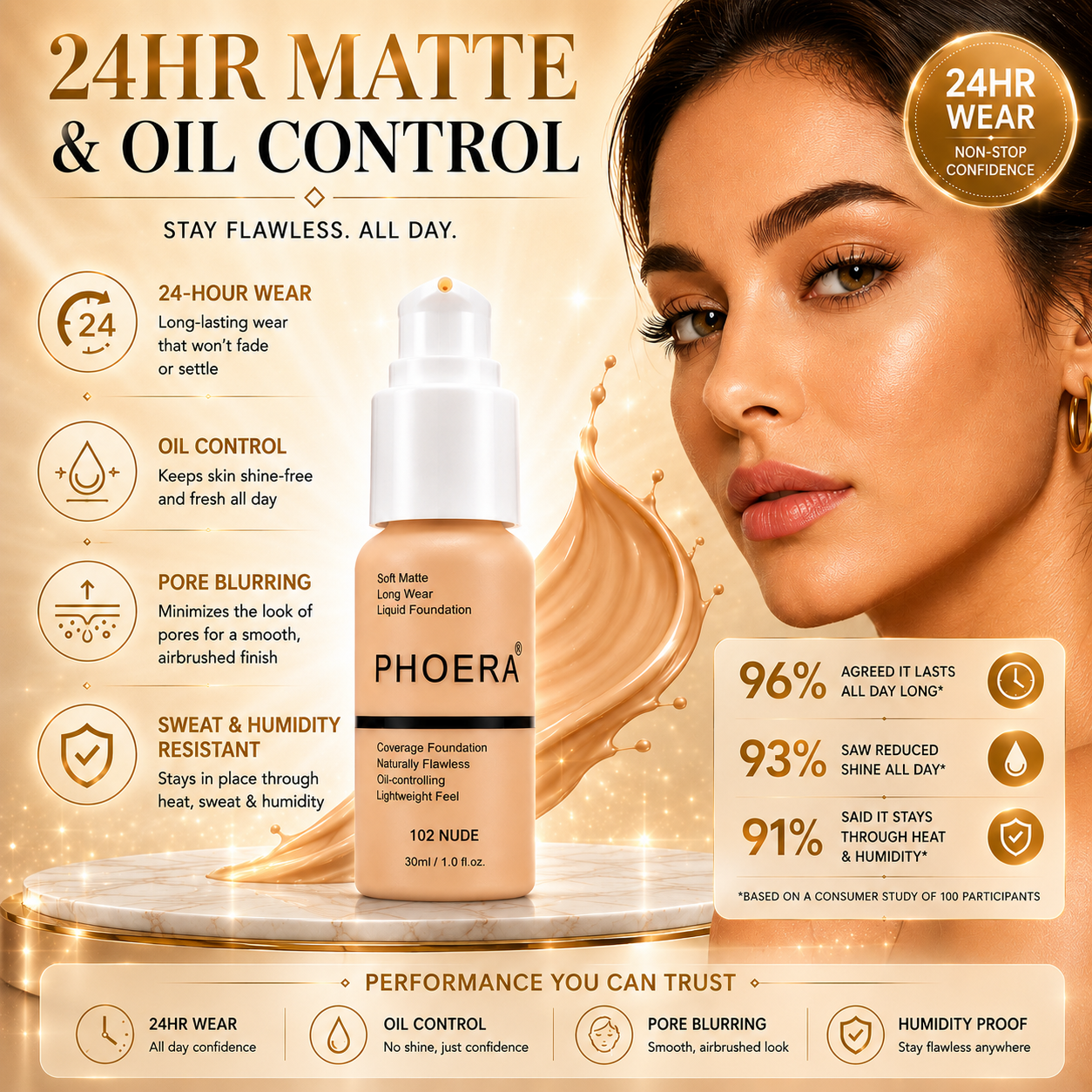 Phoera Flawless Matte Liquid Foundation (10 Shades Available - Select in Dropdown)