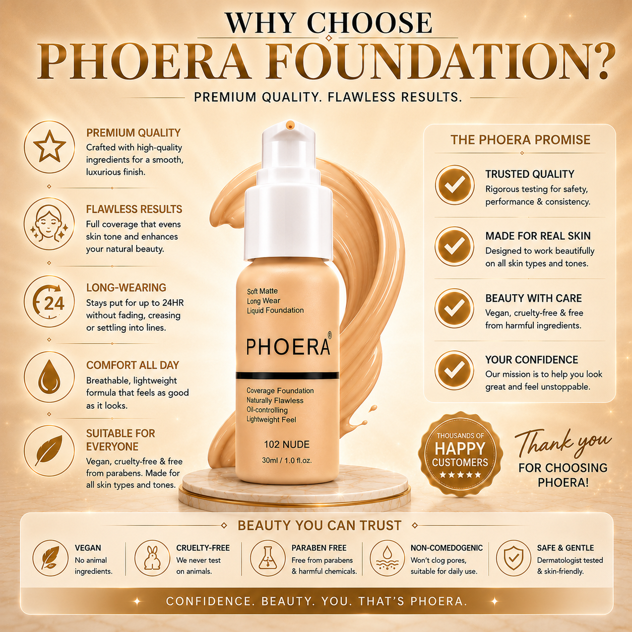 Phoera Flawless Matte Liquid Foundation (10 Shades Available - Select in Dropdown)