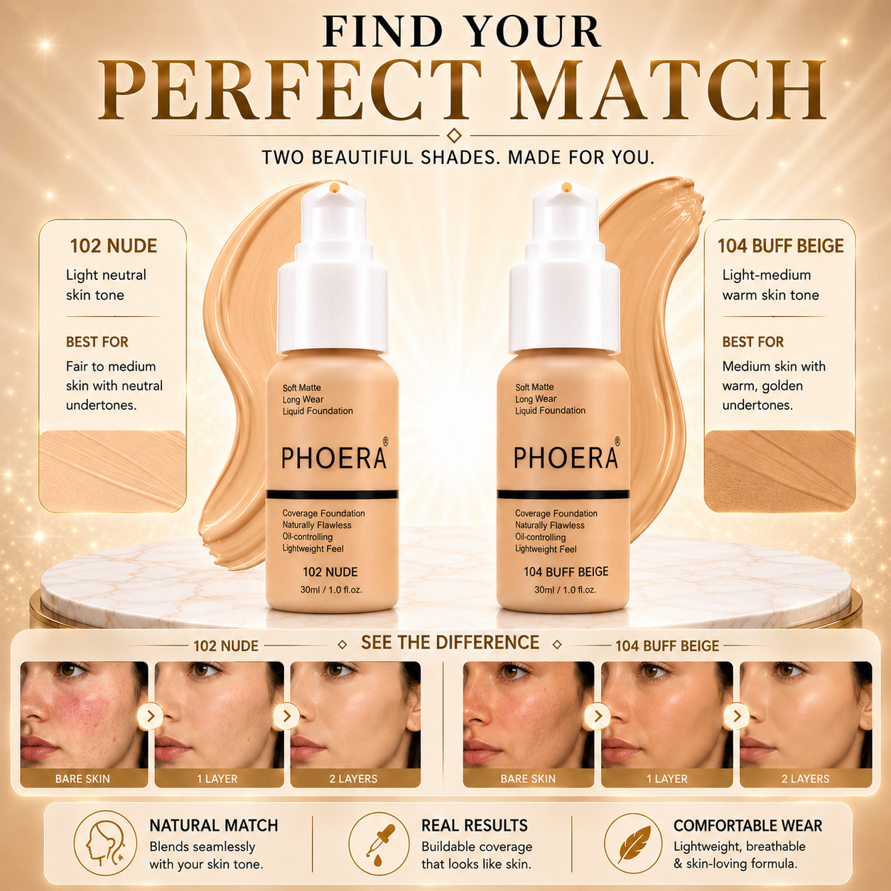 Phoera Flawless Matte Liquid Foundation (10 Shades Available - Select in Dropdown)