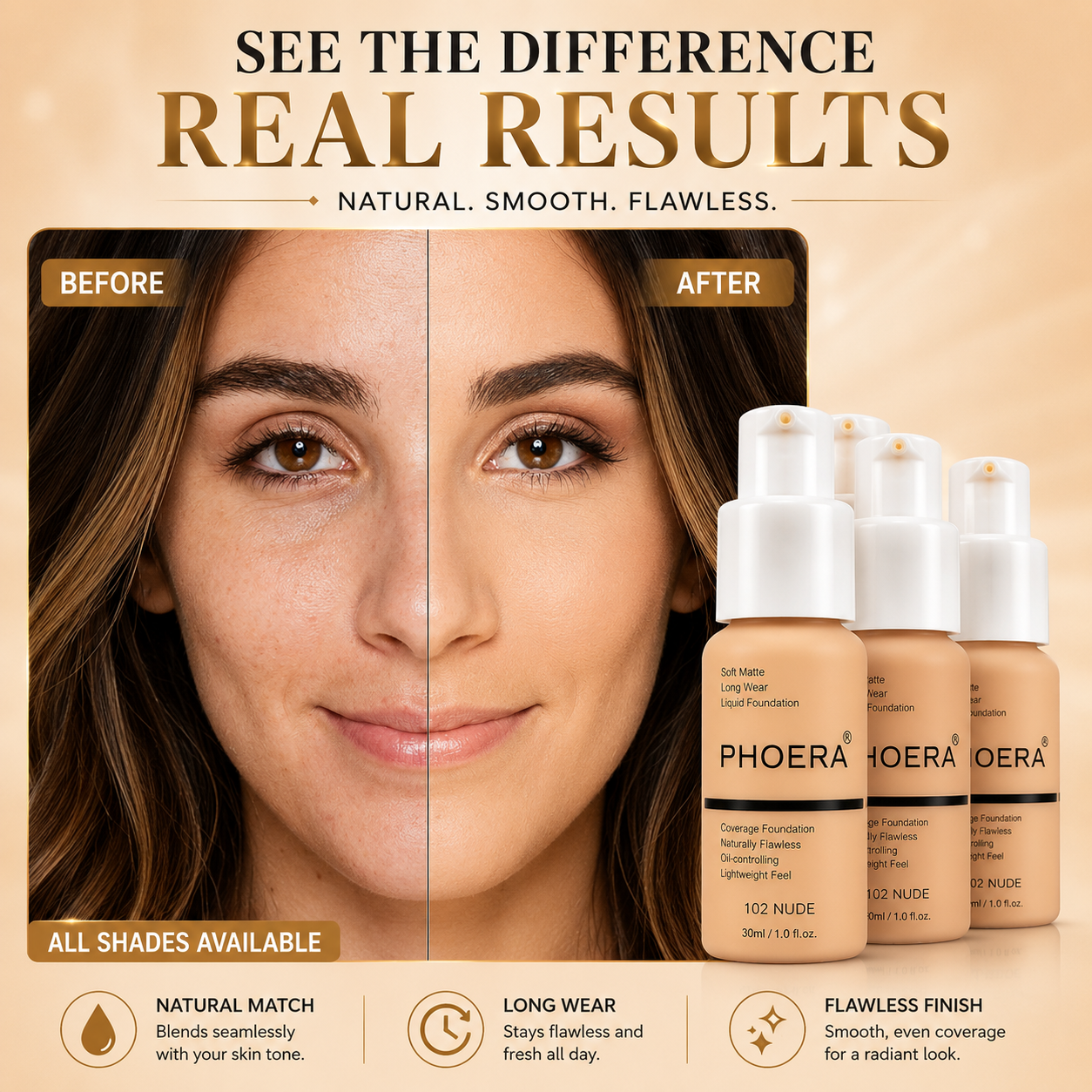 Phoera Flawless Matte Liquid Foundation (10 Shades Available - Select in Dropdown)
