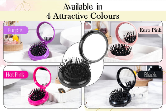 Glamza Round Folding Detangle Hair Brush with Mirror