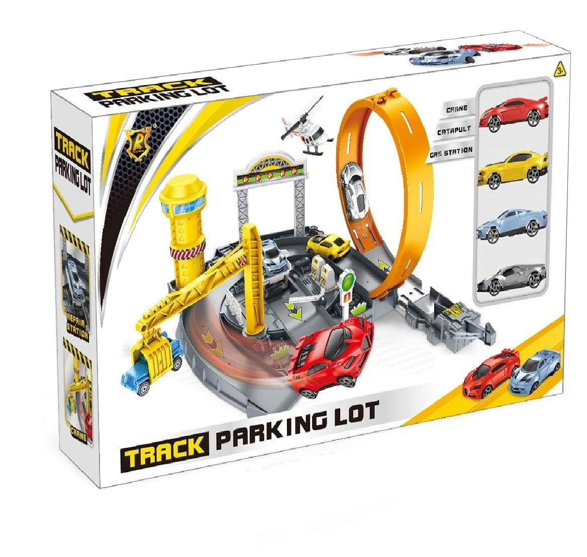 Track Parking Lot with Crane, Car Catapult & Gas Station