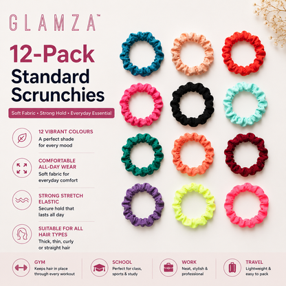 Glamza 12-Pack Hair Scrunchies Smooth | Multi-Coloured Soft Hair Ties