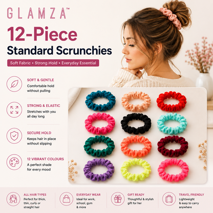 Glamza 12-Pack Hair Scrunchies Smooth | Multi-Coloured Soft Hair Ties