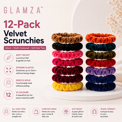 Glamza 12-Pack Hair Scrunchies Velvet | Multi-Coloured Soft Hair Ties