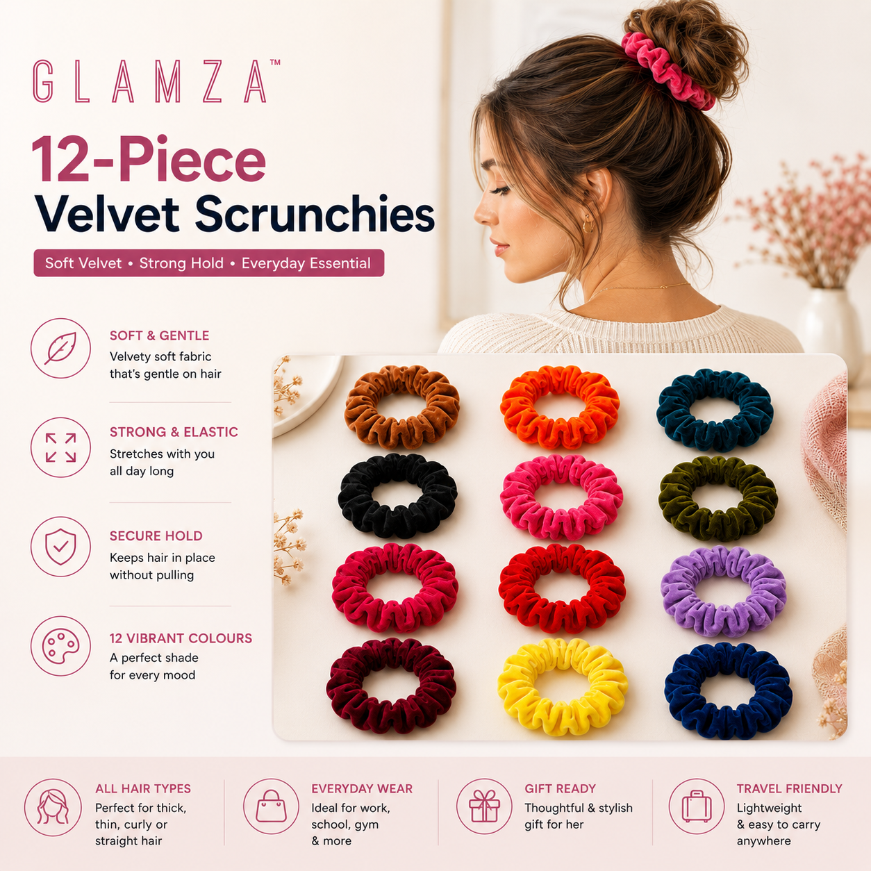 Glamza 12-Pack Hair Scrunchies Velvet | Multi-Coloured Soft Hair Ties