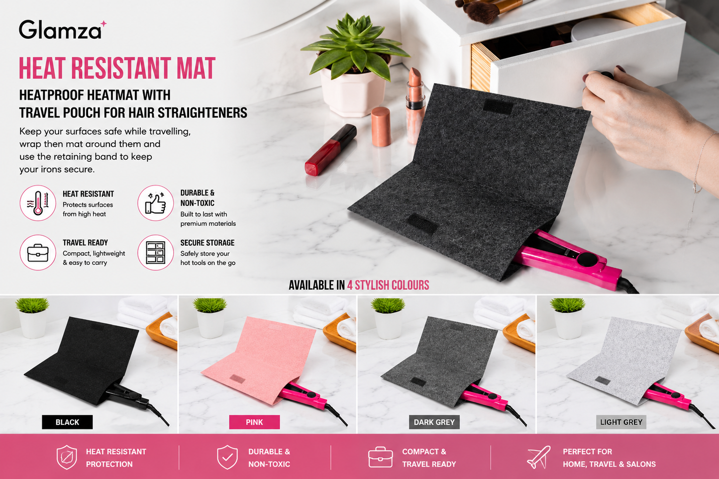 Glamza Hair Straightener Heat Proof Heat Mat with Pocket - 4 Colours