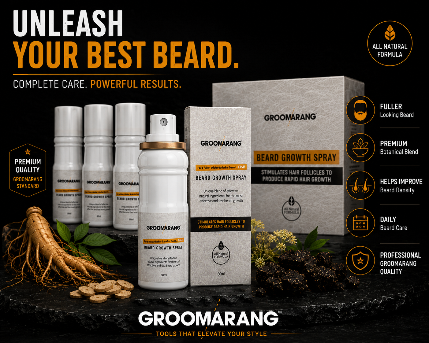 Groomarang Beard Growth Spray 60ml | Natural Beard Growth Formula