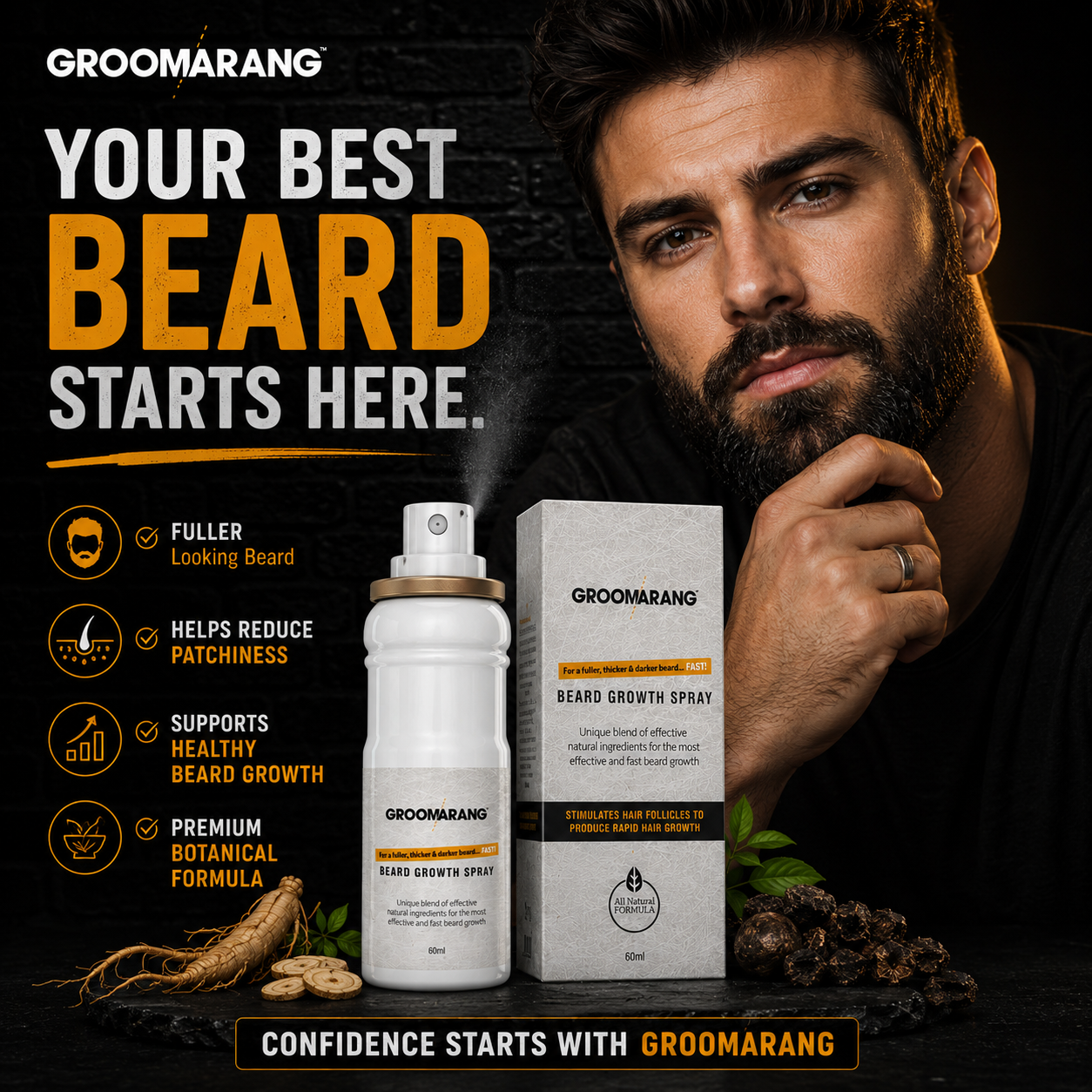 Groomarang Beard Growth Spray 60ml | Natural Beard Growth Formula
