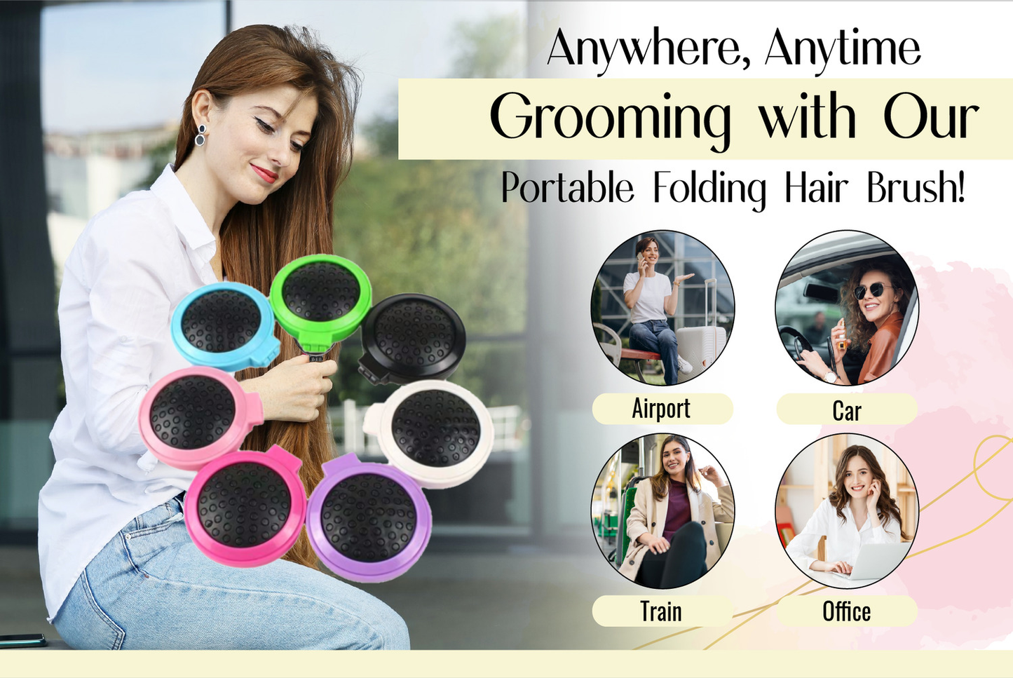 Glamza Round Folding Detangle Hair Brush with Mirror