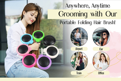Glamza Round Folding Detangle Hair Brush with Mirror