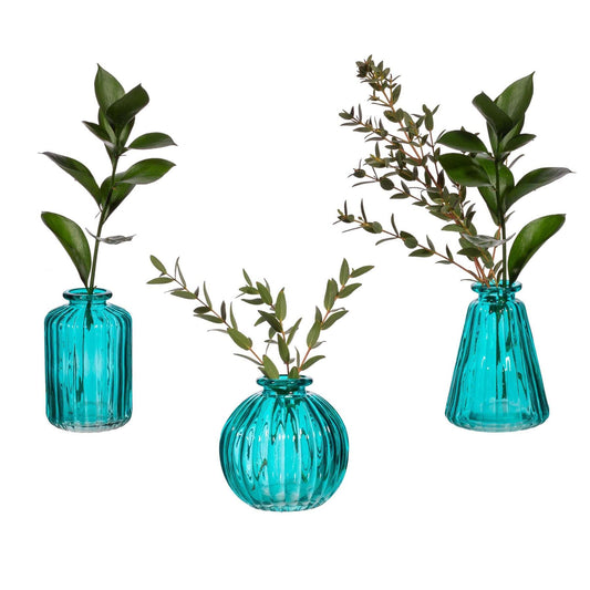 Sass Belle Turquoise Glass Bud Vases Set Small Glass Vases For Flowers Vintage Table Decor For Home Elegant Flower Vase Set Mini Table Decorations