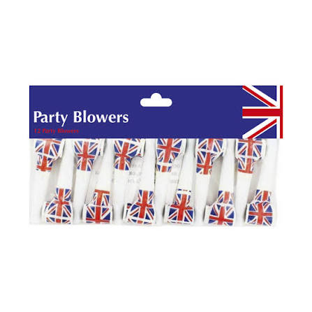Union Jack Pack of 12 Party Blowers (Blue Packaging)