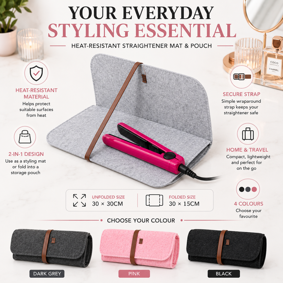 Glamza Pouchy Heat Resistant Hair Straightener Mat & Travel Pouch – 4 Colours