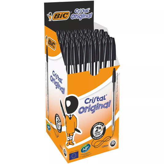 BIC Cristal Original, Ballpoint Pens, Every-Day Biro Pens with Fine Point (0.8 mm), Ideal for School and Office, Black, Pack of 50