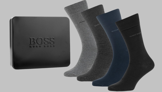 Hugo Boss Gift Set Gift Box 4 (Mixed Black, Blue, Greys) Pairs Mens Socks US 7-13, EU 40-46, UK 6-11