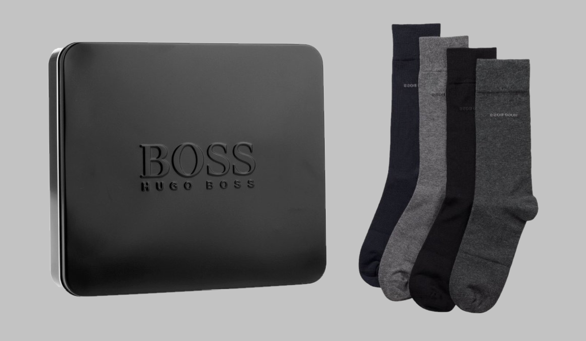 Hugo Boss Gift Set Gift Box 4 (Mixed Black, Blue, Greys) Pairs Mens Socks US 7-13, EU 40-46, UK 6-11