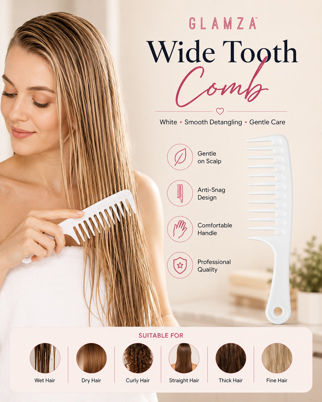 Glamza Big Wide Tooth Comb - White