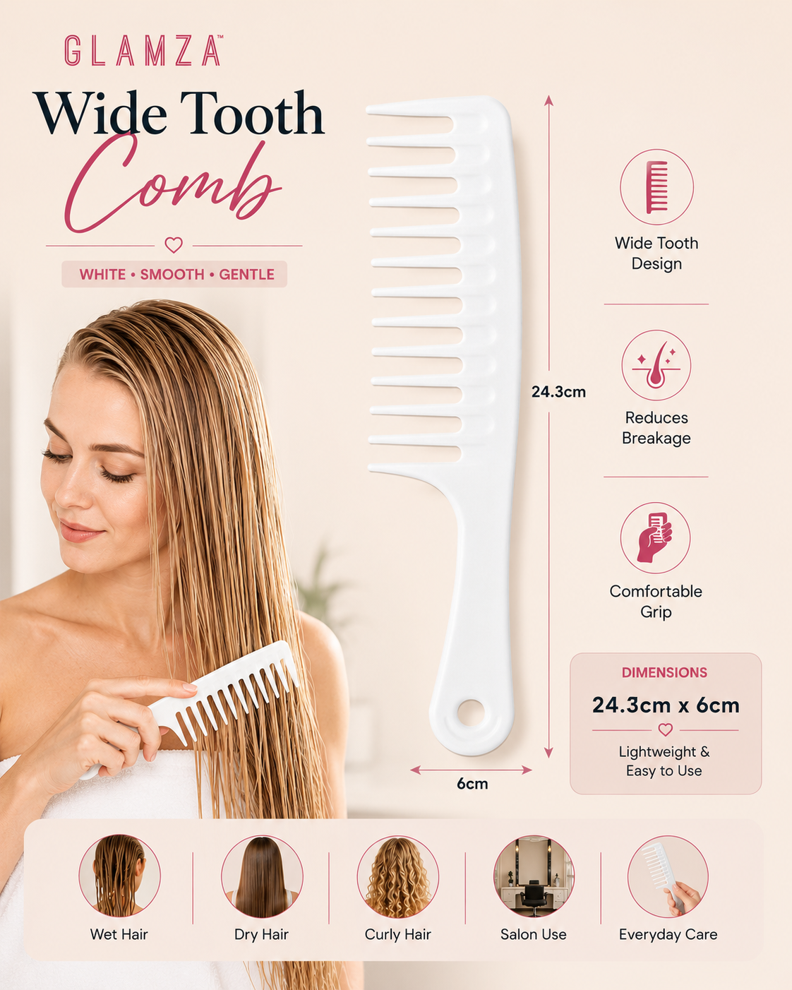 Glamza Big Wide Tooth Comb - White