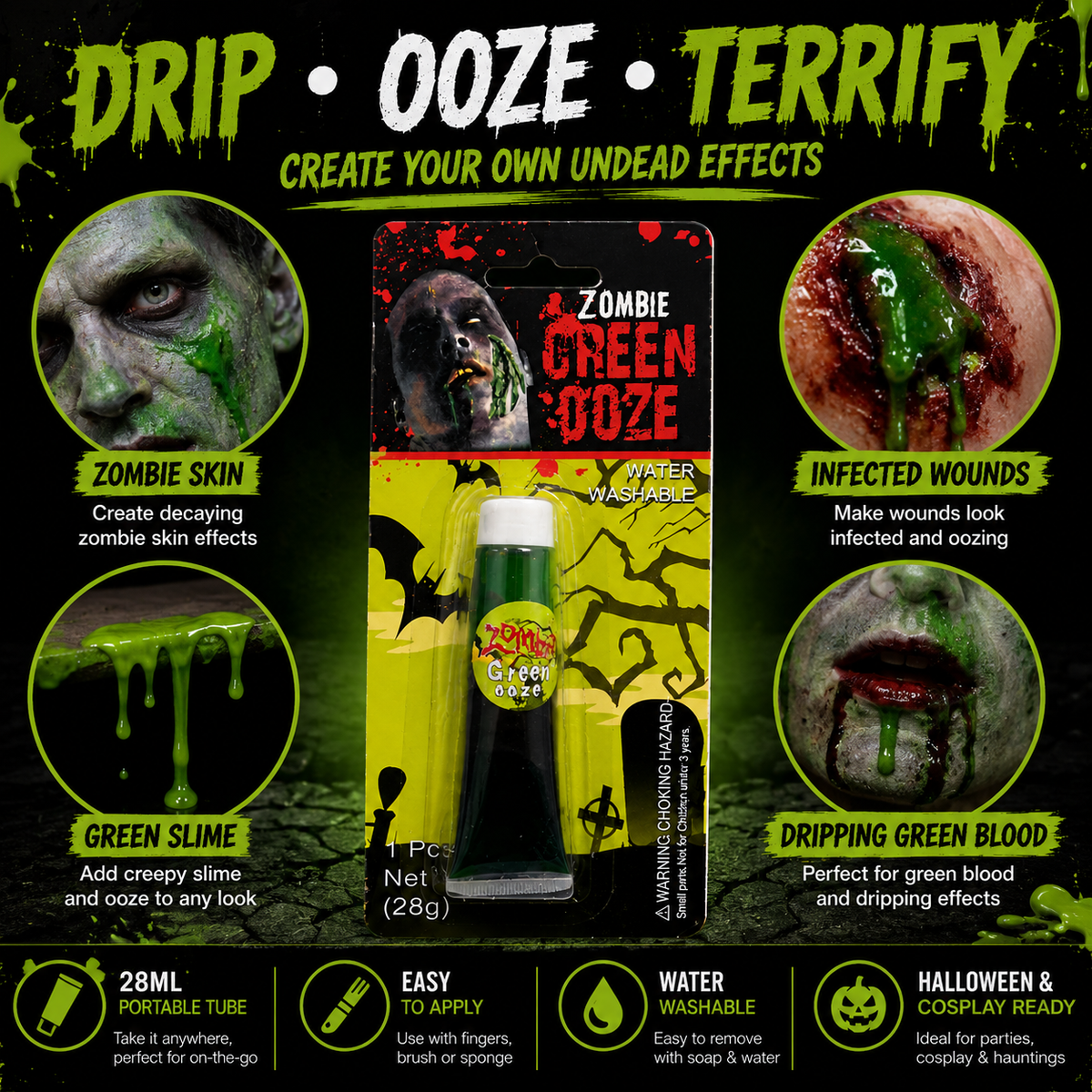 Halloween Zombie Green Ooze – 28ml (Water Washable)