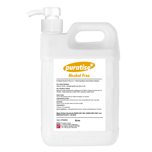 Puratise 5 Litre ALCOHOL FREE 2 in 1 Hand Sanitiser and Surface Cleaner with Pump to fit 38mm neck