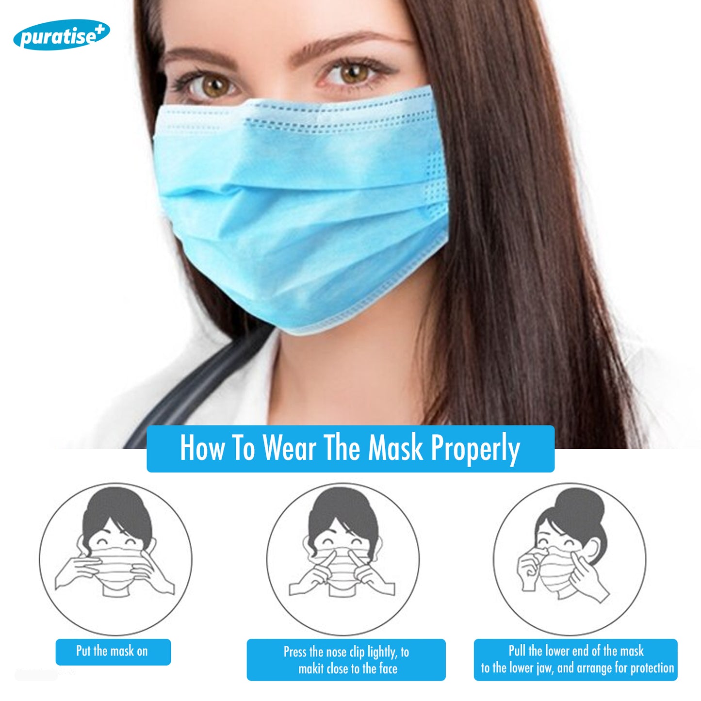 Puratise Disposable 3 Ply Face Masks- 50 Per Box- Made in the UK
