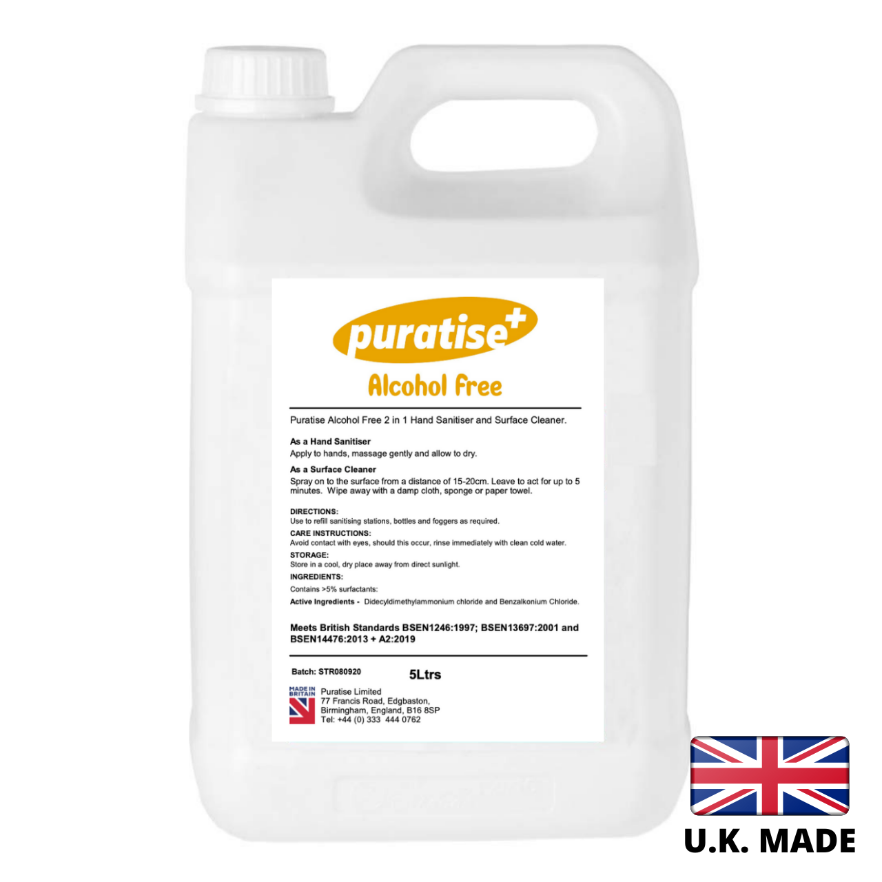 Puratise 5 Litre ALCOHOL FREE 2 in 1 Hand Sanitiser and Surface Cleaner