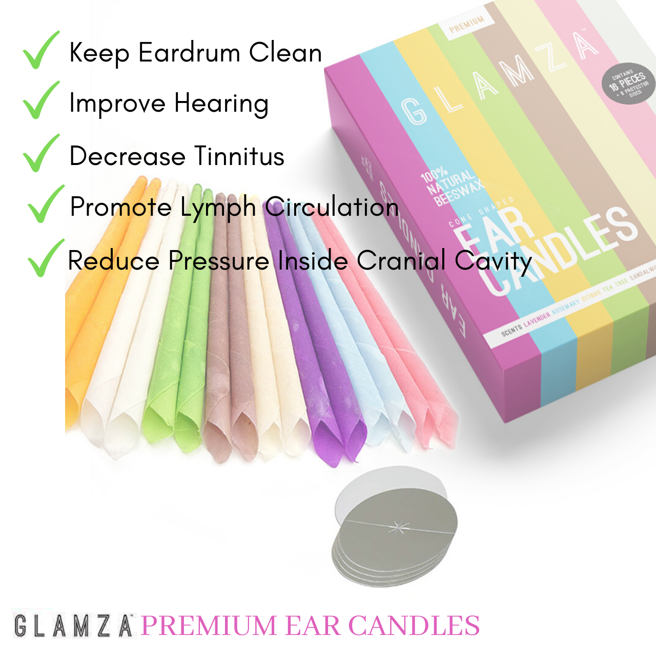 Glamza Premium Ear Candles - 16 Candles with Ear Protection Discs