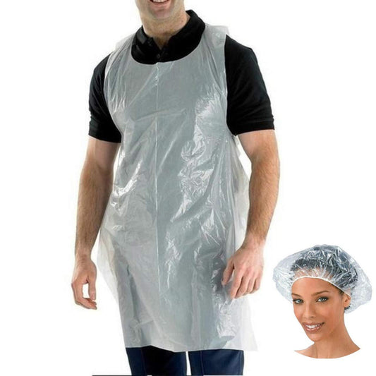 Disposable Aprons x100 GENERISE Disposable Plastic Aprons - White PLUS x5 Clear Disposable Protective Hair Covers