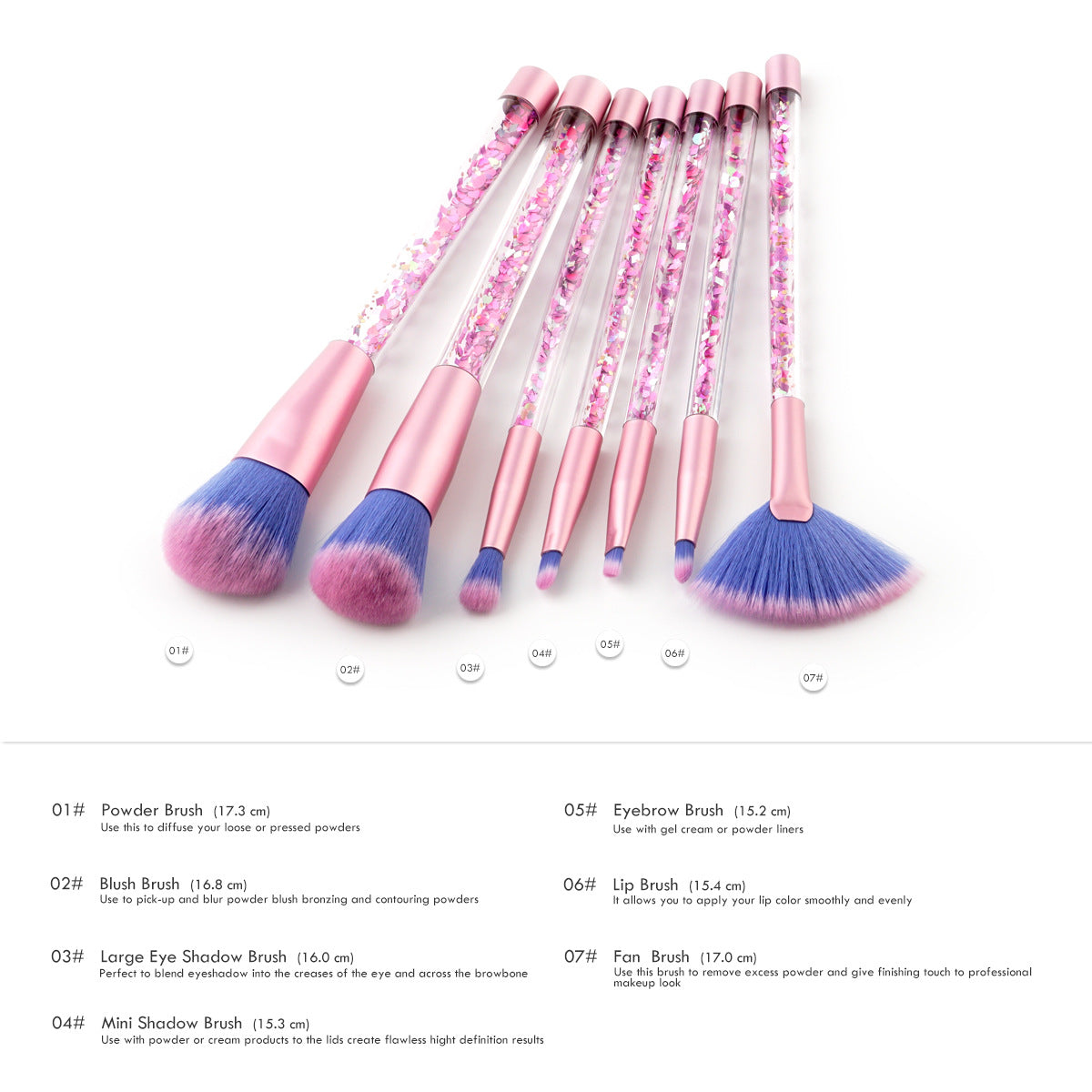 7pc Unicorn Glitter Make Up Brushes - Pink Glitter