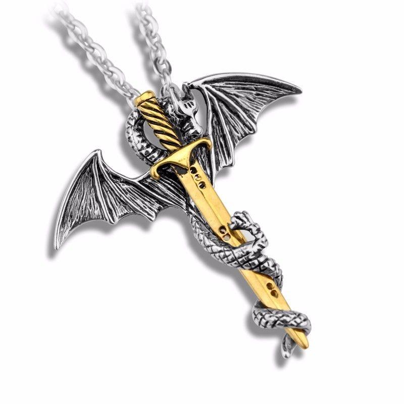 Game of Thrones Inspired Gold Sword Silver Dragon Necklace