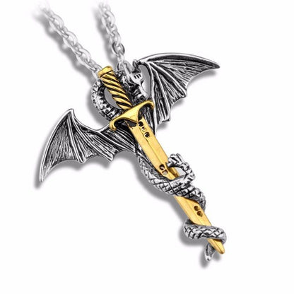 Game of Thrones Inspired Gold Sword Silver Dragon Necklace
