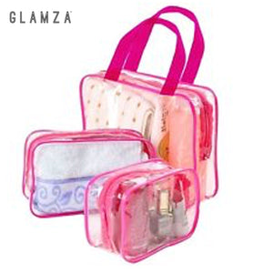 Glamza 3pc Clear Travel Bags Set - Pink or Black